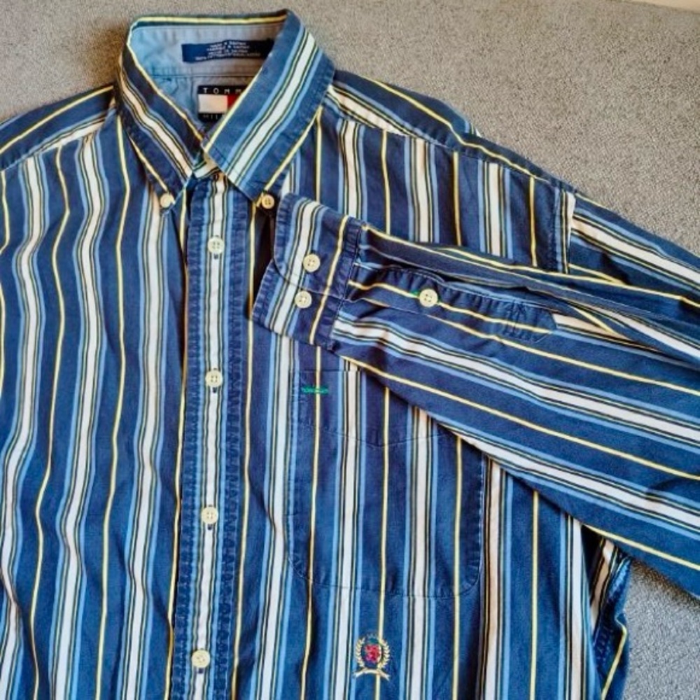 Vtg 90s Tommy Hilfiger Button Down Shirt Mens S Blue Stripes Long Sleeve Casual